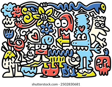 Bright and playful doodle art with an offset effect, showcasing quirky monsters, flowers, and whimsical characters in a colorful design.
