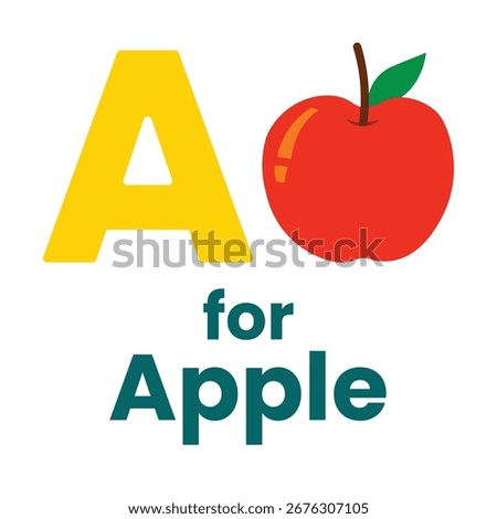 Bright and playful educational vector showing a bold yellow uppercase letter "A" beside a red apple with green leaf and brown stem. Includes the phrase "for Apple" in dark green text