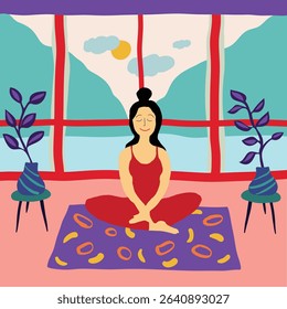 Bright and playful flat illustration of a woman meditating in a cozy home interior. She sits peacefully in lotus pose on a patterned mat, surrounded by potted plants and a large window.