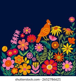 A bright and playful floral illustration is a red bird among bright flowers on dark blue background with a copy space. Ideal for baby products, greeting cards, wall art, fabric prints, spring designs.