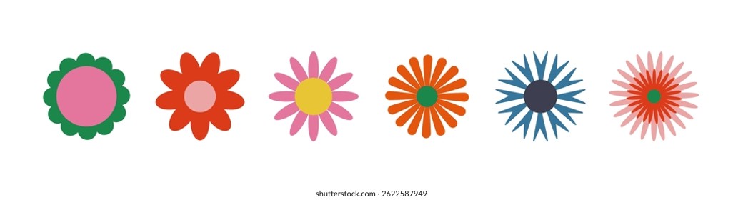 Bright and playful flower illustrations in various petal shapes and colors, perfect for spring themes, crafts, and decoration designs.
