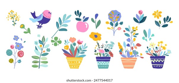 Helle und verspielte volkstümliche Vektorillustration Volkstümliche Topfpflanzen, Blumen und Vögel. Frühlings-Themen-Designs Poster Grußkarten Home Decor, Inklusive frische lebendige Farben skurrile Elemente