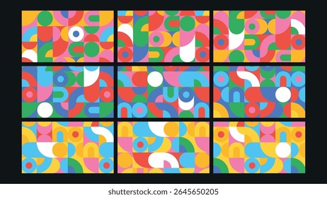 Bright and playful geometric composition with retro curves, circles, and blocks in primary colors. Ideal for modern, artistic, and bold visual projects.