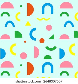 Bright and playful geometric pattern with pastel and vivid colors. Fun abstract shapes make it great for kids decor, party supplies, and digital backgrounds.
