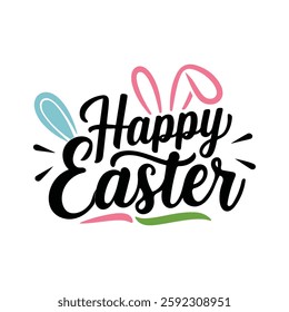 Bright and Playful 'Happy Easter' Design with Elegant Cursive Lettering, Decorative Bunny Ears, Festive Bursts, and a Modern Mix of Black, Blue, Pink, and Green Colors