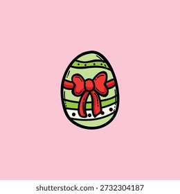 Bright, playful illustration of an Easter egg featuring a red bow, green stripes, and dotted accents. The pink backdrop adds cheerful, festive vibes perfect for spring, gifts, and celebrations.