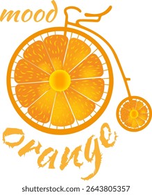 A bright and playful illustration featuring a whimsical bicycle with a large orange slice as the front wheel.