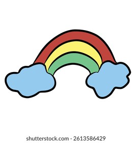 Bright, playful illustration of a rainbow spanning between clouds, evoking positivity and light-hearted fun, set against a simple white backdrop for artistic or decorative use.