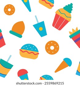 "Bright and playful junk food pattern design vector illustration featuring burgers, fries, soda, pizza, and more. Perfect for packaging, branding, textiles, or digital projects. High-quality, seamless