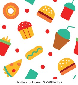 "Bright and playful junk food pattern design vector illustration featuring burgers, fries, soda, pizza, and more. Perfect for packaging, branding, textiles, or digital projects. High-quality, seamless