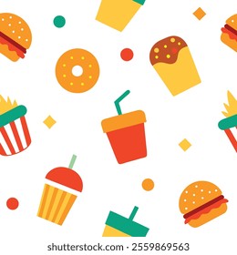 "Bright and playful junk food pattern design vector illustration featuring burgers, fries, soda, pizza, and more. Perfect for packaging, branding, textiles, or digital projects. High-quality, seamless