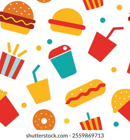 "Bright and playful junk food pattern design vector illustration featuring burgers, fries, soda, pizza, and more. Perfect for packaging, branding, textiles, or digital projects. High-quality, seamless