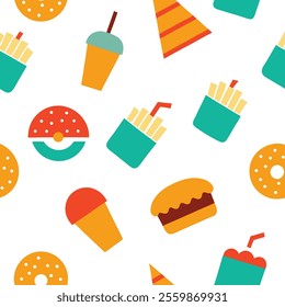 "Bright and playful junk food pattern design vector illustration featuring burgers, fries, soda, pizza, and more. Perfect for packaging, branding, textiles, or digital projects. High-quality, seamless