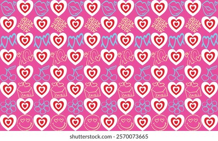 Bright and playful love-themed pattern featuring hearts, lips, flowers, and cherries on a vibrant pink background. Perfect for Valentine's Day, gift wraps, or creative projects.