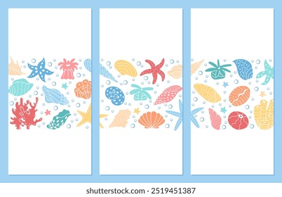 Bright and playful marine life design set. Including aquatic animals like starfish, shells, and coral, these vibrant template graphic illustrations depict an underwater sea reef.