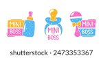 Bright And Playful Mini Boss Logo Featuring Baby Bottle, Pacifier And Rattle. Great For Baby Products, Nursery Decor