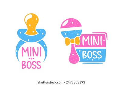 Bright And Playful Mini Boss Logos Featuring A Pacifier And A Rattle Isolated On White Background. Vector Labels