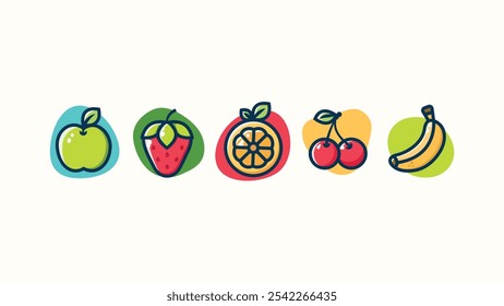 Bright, playful and minimalist fruit icons with bold outlines and colorful backgrounds. Includes an apple, strawberry, orange, cherries, and a banana. Perfect for food branding, apps, and web design.