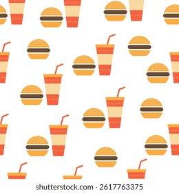 Bright and playful pattern featuring burgers and drinks on a white background.