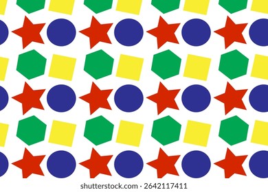 Bright and playful pattern of stars, circles, pentagons, and squares in red, blue, yellow, and green on a white background. Ideal for kids’ learning or modern design use.