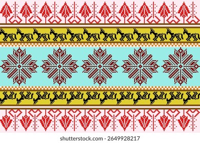 Bright and playful pixel art pattern inspired by Thai ethnic textiles, featuring elephants, flowers, and geometric borders. Great for fabric and home décor projects.