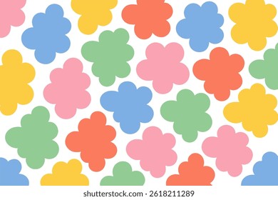 Bright and playful repeating pattern of cartoon flowers in pink, yellow, green, blue, and orange on white background for cheerful designs. Vector illustration