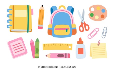 Bright and playful school supplies vector set in flat cartoon style. Includes backpack, notebook, crayons, glue, scissors, ruler, and art palette. Perfect for education and kids-related designs.