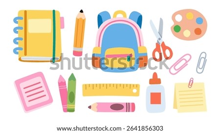Bright and playful school supplies vector set in flat cartoon style. Includes backpack, notebook, crayons, glue, scissors, ruler, and art palette. Perfect for education and kids-related designs.