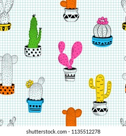 Bright and playful seamless cactus pattern. Repeating hand drawn background with colorful cacti in pots  on a squared notebook sheet. Vector fun design