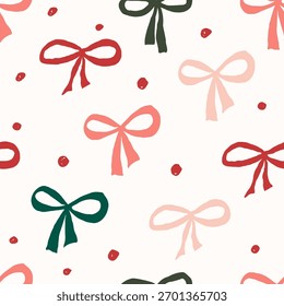 Helles, verspieltes, nahtloses Muster mit handgezeichneten Bögen in Rot, Rosa, Grün und Korallen mit verstreuten Punkten. Ideal für Geschenkverpackungen, Urlaubsdekoration, Grußkarten und festliche Hintergründe.