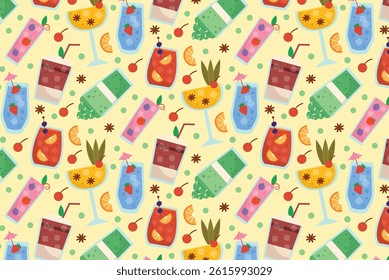 Bright and playful seamless pattern of refreshing summer drinks with fruit elements on a soft colored background. Ideal for fabric, digital wallpaper, packaging, and summer branding.