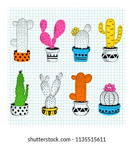 Bright and playful set of cacti in pots. Hand drawn collection of cool cactus on a squared notebook sheet. Vector fun design