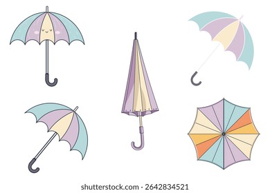 Bright and playful set of umbrellas in cartoon vector style, rainy weather theme with soft colors, flat design elements for prints, apps, seamless patterns, fabric, and children's content

