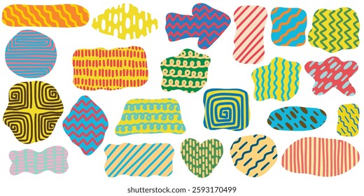 Bright playful stickers of different shapes with textures set. Collection of colorful adhesive tapes. Contemporary hand drawn geometric shapes, vector graphics