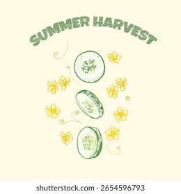 Bright and playful summer harvest illustration featuring cucumber slices, yellow blossoms, and curling vines—perfect for seasonal designs, garden themes, and fresh food visuals