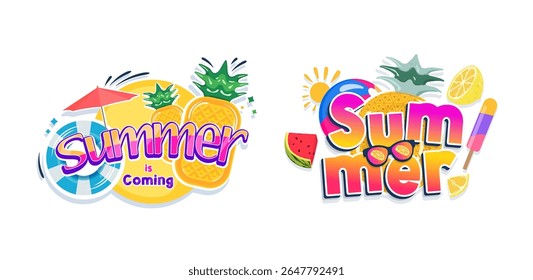 Bright and playful summer vector illustration featuring bold typography, fruits, popsicles, umbrella, and beach elements. Perfect for seasonal ads, social media, kids' party themes, and merchandise.