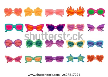 Bright and playful sunglasses set with unique designs, fun shapes and stylish colorful lenses.