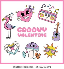 Ilustração brilhante e brincalhão com tema de namorados com corações, flamingo, boombox, guitarra, cogumelo e sol em estilo colorido Groovy