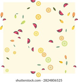 Bright, playful vector icons of sliced fruits like lemons, oranges, and strawberries scattered randomly on a clean white background.