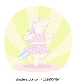 Bright playful vector illustration with a dancing unicorn girl in the flat style. Delicate colors, cheerful mood of the heroine. Can be used for printing on notebooks, notebooks, as a sticker, etc.