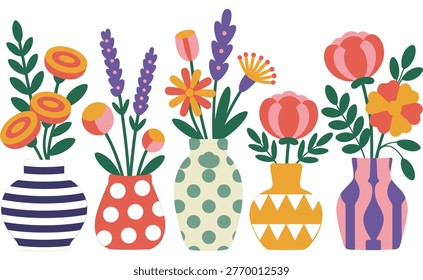 Bright and playful vector illustration featuring abstract flowers in decorative vases. Modern Scandinavian style with flat design, pastel colors, perfect for home decor, prints, and branding.