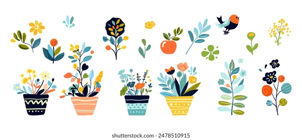 Helle und verspielte Vektorillustration Folk Topfpflanzen, Blumen und Vogel. Frühlings-Themen-Designs Poster Grußkarten Home Decor, Mit frischen lebendigen Farben skurrile Elemente...