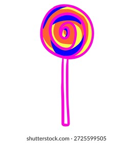 Ilustración vectorial brillante y juguetona de una piruleta de remolino multicolor con Formas audaces y tonos vibrantes, perfecta para dulces, postres o diseños de temática divertida