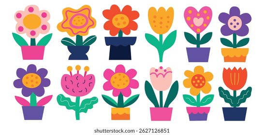 Bright and playful vector illustration of potted flowers in a flat modern style. Perfect for spring designs, kids decor, greeting cards, and cheerful web project