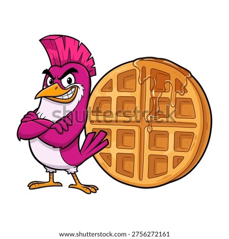 Bright and playful vector illustration of a smiling rooster character holding a golden waffle, ideal for food branding, children's content, breakfast promotions, and cheerful marketing materials. Stock photo © 