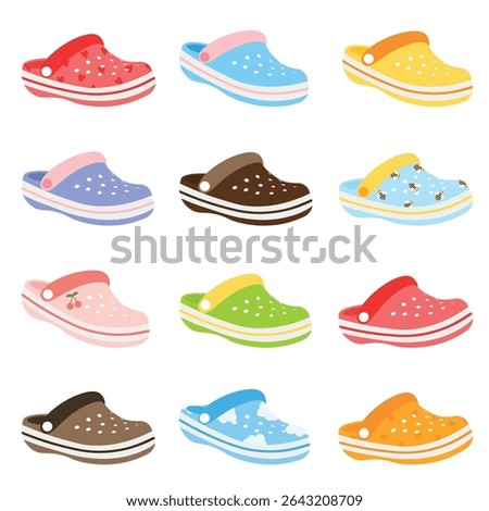 Bright and playful vector illustration of twelve colorful clogs inspired by Crocs-style footwear. Features various designs and colors with fruit, clouds, bees, and star patterns