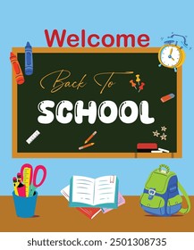 A bright and playful vector illustration welcoming students back to school with cheerful elements.