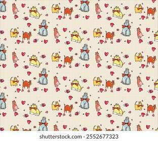 A bright and playful vector pattern with cartoon cats, love symbols, and butterflies in vibrant colors. Ideal for creating cheerful designs for clothing, accessories, and home decor with a cute, fun v