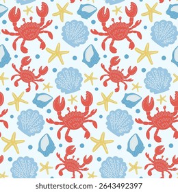 Bright and playful vector pattern featuring crabs, seashells, and starfish on a light blue background
