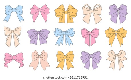 Bright and playful vector set of multicolored bows. Perfect for children’s projects, celebrations, packaging, gift wrapping, and festive illustrations. Includes various shapes and vibrant tones.